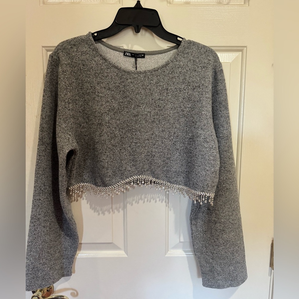 NWT Zara Heather Gray Bejeweled Knit Crop Top. Size L